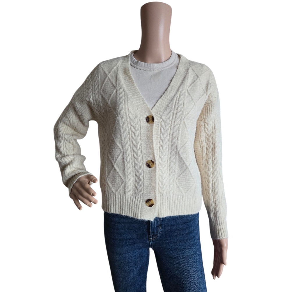 Women's Cream Oversized V-Neck Cable Knit Cropped Cardigan Sweater - Picture 12 of 16
